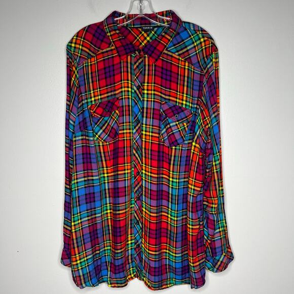 Torrid Challis Button-Down Long Sleeve Shirt Rainbow Plaid Size 3X Fall Western - Picture 3 of 15